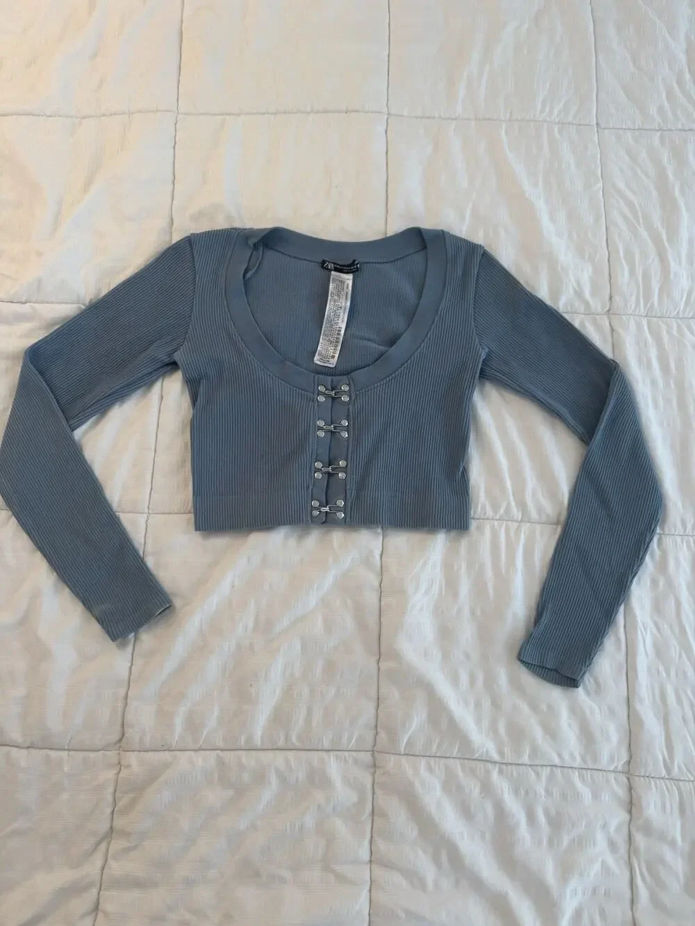 Zara Dusty Blue Crop Top Ribbed Knit Y2K Downtown Girl Balletcore Edgy Casual